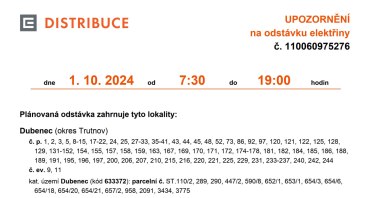 Odstávka elektřiny 1.10.2024