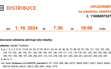 Odstávka elektřiny 1.10.2024